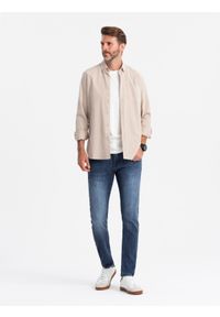 Ombre Clothing - Dopasowane męskie spodnie jeansowe SLIM FIT z elastanem – niebieskie V1 OM-PADP-0214 - XXL. Okazja: na co dzień. Kolor: niebieski. Materiał: jeans, elastan. Wzór: aplikacja. Sezon: lato. Styl: casual #4