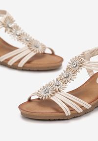Renee - Beżowe Sandały z Kwiatami w Cyrkonie na Koturnie Asina. Kolor: beżowy. Wzór: kwiaty. Sezon: lato. Obcas: na koturnie #3