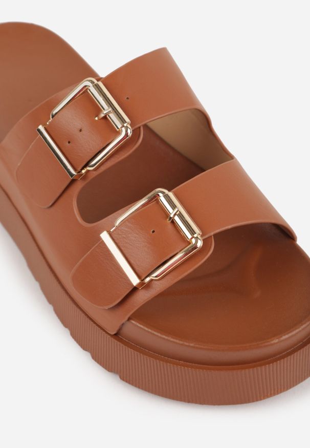 Born2be - Brązowe Klapki na Grubej Podeszwie z Dwoma Klamrami Xenienne. Okazja: na co dzień. Kolor: brązowy. Materiał: jeans, len. Wzór: ażurowy. Styl: elegancki, klasyczny, casual