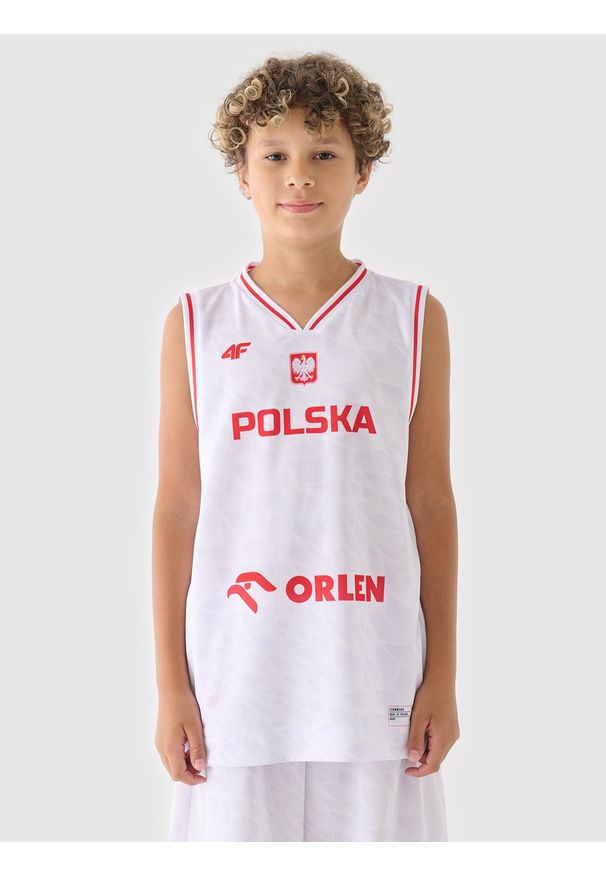 4f - 4F Koszulka reprezentacyjna dziecięca 4F x PZKOSZ 2024 - biała 158/164 (12-14 lat). Kolor: wielokolorowy. Materiał: dzianina, włókno, materiał, syntetyk. Długość rękawa: na ramiączkach. Wzór: gładki, nadruk, ze splotem. Sezon: lato. Sport: koszykówka, fitness