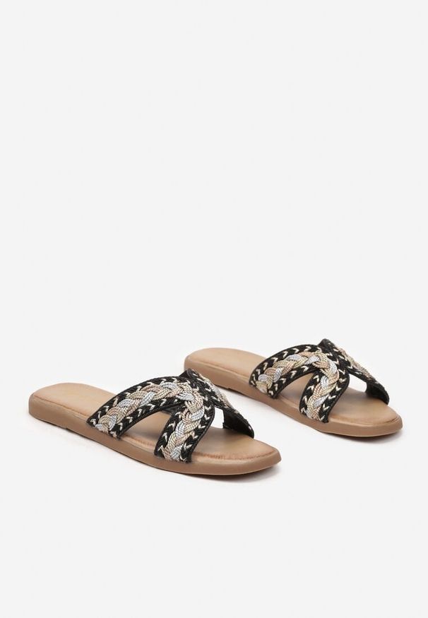 Born2be - Czarno-Złote Klapki z Plecionką na Paskach Waccaria. Kolor: czarny. Styl: boho