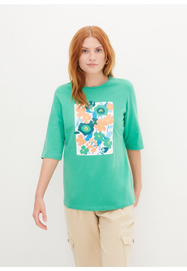 bonprix - T-shirt z nadrukiem, z bawełny organicznej. Kolor: zielony. Materiał: bawełna. Wzór: nadruk