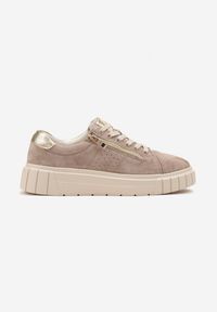 Born2be - Beżowe Skórzane Sneakersy na Grubej Podeszwie Ozdobione Perforacją Suwakiem Tellissa. Nosek buta: okrągły. Zapięcie: sznurówki. Kolor: beżowy. Materiał: skóra. Wzór: aplikacja. Obcas: na obcasie. Wysokość obcasa: niski #4