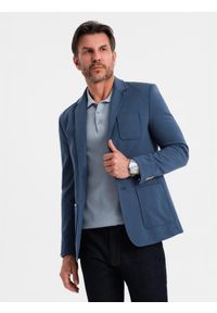Ombre Clothing - Marynarka męska SLIM z dzianiny o subtelnej strukturze – ciemnoniebieska V6 - Rozmiar: M. Okazja: do pracy. Kolor: niebieski. Materiał: dzianina. Wzór: kolorowy. Styl: klasyczny #12