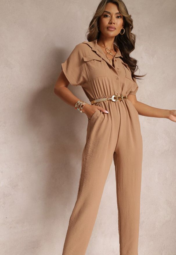 Renee - Ciemnobeżowy Kombinezon Bonnel. Kolor: beżowy. Długość rękawa: krótki rękaw. Długość: krótkie