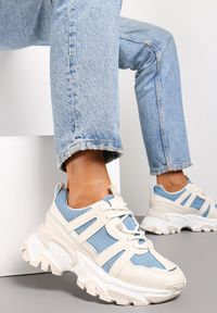Renee - Beżowo-Niebieskie Sznurowane Sneakersy na Grubej Podeszwie ze Wstawkami i Brokatem Widgeta. Kolor: beżowy #1