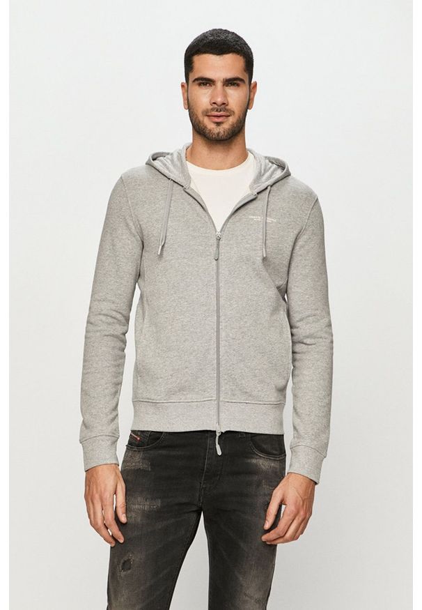 Armani Exchange - Bluza. Okazja: na co dzień. Typ kołnierza: kaptur. Kolor: szary. Wzór: aplikacja. Styl: casual