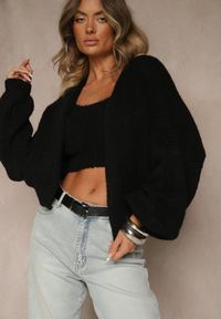Renee - Czarny Niezapinany Kardigan z Wełną i Wiskozą z Dołączonym Topem Belvane. Kolor: czarny. Materiał: wełna, wiskoza. Długość rękawa: na ramiączkach #5
