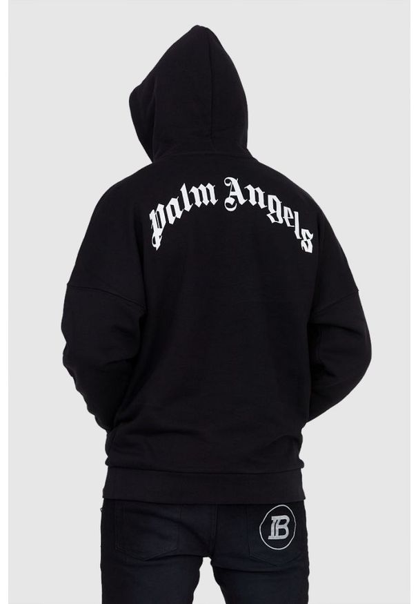 PALM ANGELS Czarna bluza męska z białym printem, Rozmiar M. Typ kołnierza: kaptur. Kolor: czarny. Materiał: prążkowany. Wzór: nadruk