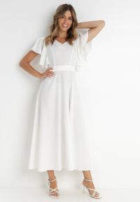 Born2be - Biała Rozkloszowana Sukienka Zdobiona Falbanami Emilienne. Okazja: na randkę, na spacer. Kolor: biały. Materiał: jeans, tkanina. Wzór: aplikacja, gładki, jednolity. Typ sukienki: rozkloszowane. Styl: wizytowy, klasyczny, elegancki. Długość: maxi #2