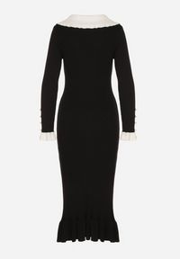 Born2be - Czarna Dzianinowa Sukienka Retro z Wiskozą z Kołnierzykiem i Falbanami Hanlira. Okazja: na co dzień. Kolor: czarny. Materiał: dzianina, wiskoza. Styl: retro #3