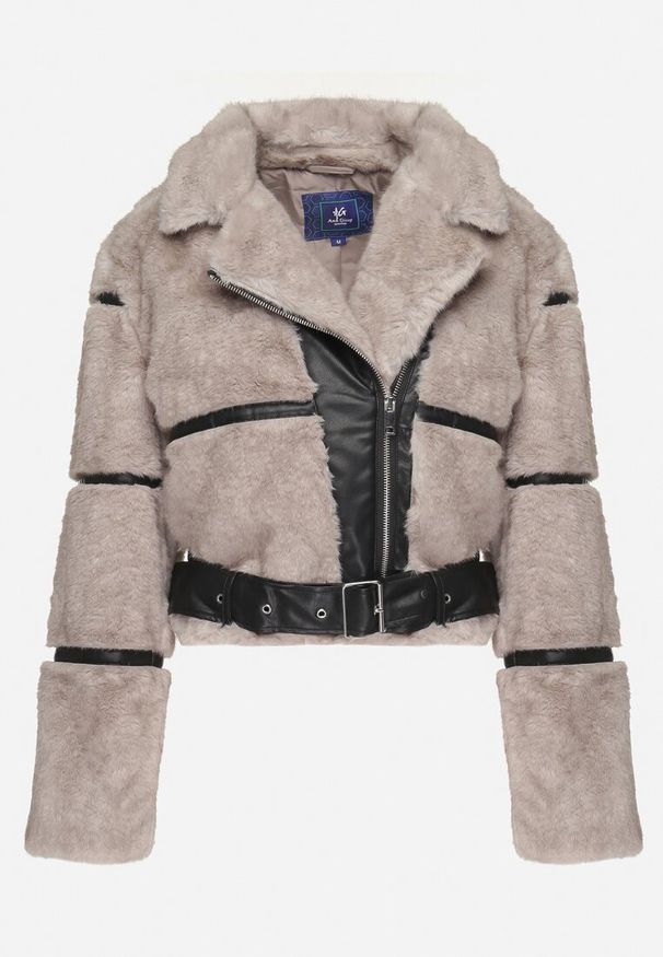 Born2be - Szara Futrzana Kurtka Ozdobiona Paskiem z Klamrą Norielith. Okazja: na co dzień. Kolor: szary. Materiał: futro. Wzór: aplikacja. Sezon: zima. Styl: casual, elegancki