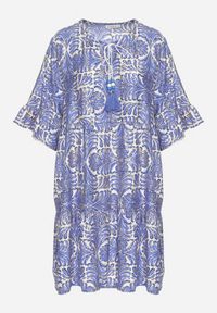 Born2be - Niebieska Sukienka z Lnem o Rozkloszowanym Kroju z Falbanami i Metalicznym Nafrukiem Rinanis. Okazja: na co dzień. Typ kołnierza: dekolt w serek. Kolor: niebieski. Materiał: len. Wzór: aplikacja. Styl: klasyczny, casual, elegancki #3