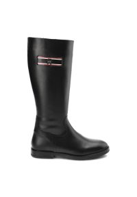 TOMMY HILFIGER - Czarne Kozaki Damskie Tommy Hilfiger Eleganckie Skórzane Buty. Kolor: czarny. Materiał: skóra. Szerokość cholewki: normalna. Sezon: lato. Obcas: na obcasie. Styl: elegancki. Wysokość obcasa: niski #4