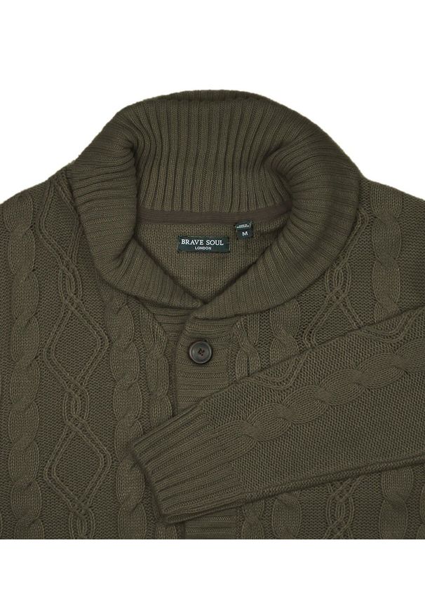 Brave Soul - Dziergany Sweter Zapinany na Guziki, Kardigan, Elegancki - BRAVE SOUL - Khaki. Okazja: na co dzień. Kolor: brązowy. Materiał: akryl. Styl: elegancki