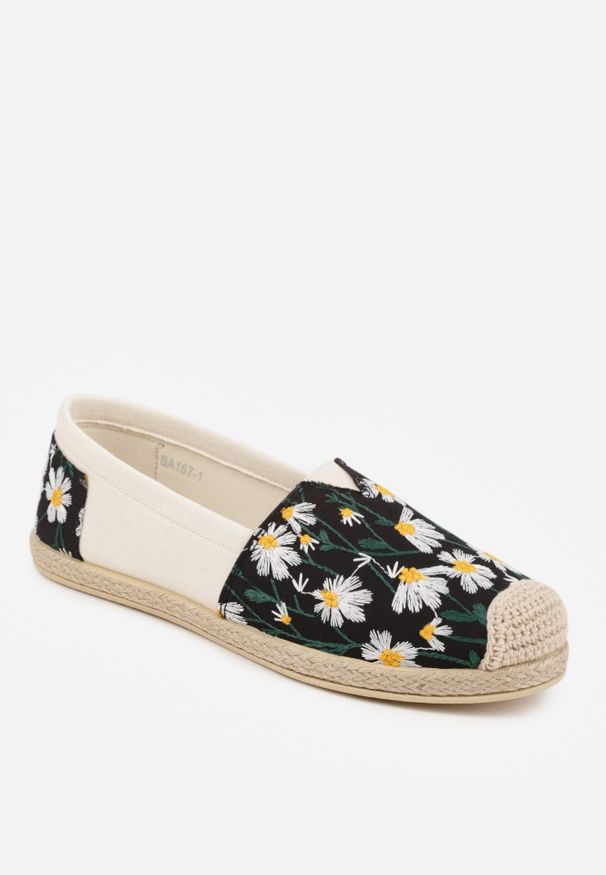 Born2be - Czarne Espadryle z Plecionką i Kwiatowym Haftem Alenara. Okazja: na co dzień, na spacer. Kolor: czarny. Materiał: jeans. Wzór: haft, kwiaty. Sezon: lato. Styl: casual, elegancki