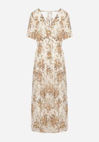 Born2be - Beżowa Rozkloszowana Sukienka z Krótkim Rękawem i Gumką w Pasie Wiązana na Plecach Jolla. Kolor: beżowy. Długość rękawa: krótki rękaw. Styl: klasyczny #2