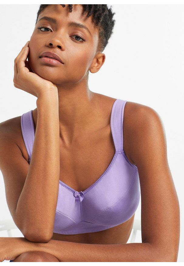 bonprix - Biustonosz bez fiszbinów z bawełną (3 sztuki). Kolor: fioletowy. Materiał: bawełna. Wzór: aplikacja