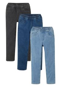 Spodnie dziewczęce z gumką w talii (3 pary) bonprix czarny "stone" + niebieski "stone" + niebieski "bleached". Okazja: na co dzień. Kolor: czarny. Styl: casual #1