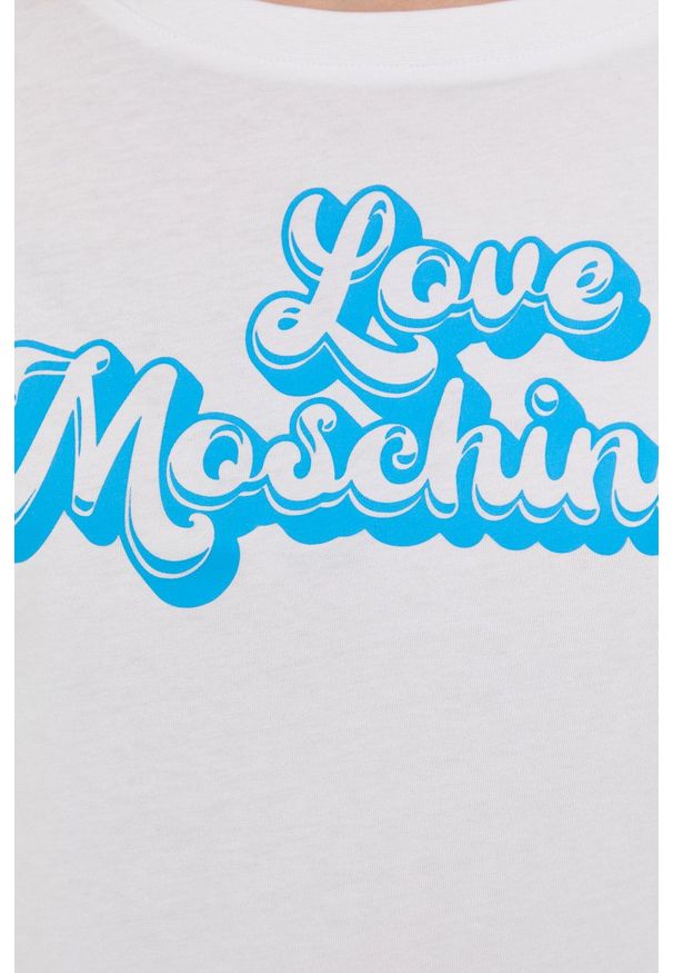 Love Moschino t-shirt bawełniany kolor biały. Kolor: biały. Materiał: bawełna. Wzór: nadruk