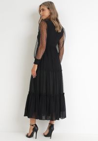 Born2be - Czarna Rozkloszowana Sukienka z Ozdobnymi Tiulowymi Wstawkami Revisa. Typ kołnierza: kołnierz z falbankami. Kolor: czarny. Materiał: tiul. Wzór: aplikacja. Długość: maxi #3