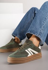 Born2be - Zielone Sneakersy w Stylu Tenisówek na Grubej Podeszwie z Geometrycznym Wzorem Wevirra. Okazja: na co dzień. Kolor: zielony. Wzór: geometria