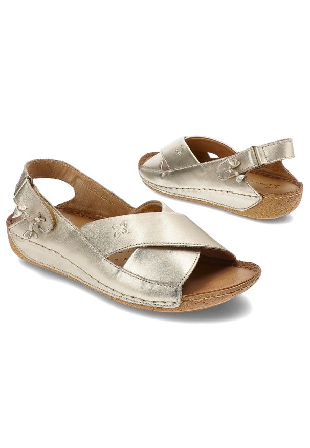 Złote Sandały Maciejka Wygodne Obuwie Damskie. Okazja: na co dzień. Zapięcie: pasek. Kolor: złoty. Wzór: kwiaty. Styl: casual, wizytowy