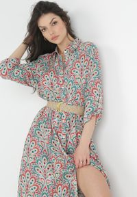Born2be - Czerwono-Niebieska Sukienka z Guzikami i Plecionym Paskiem z Klamrą Aralty. Kolor: zielony. Długość rękawa: długi rękaw. Sezon: wiosna, lato. Typ sukienki: koszulowe #3