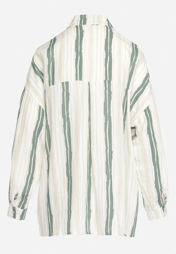 Born2be - Beżowo-Zielona Bawełniana Koszula w Paski o Luźnym Kroju Lievan. Kolor: beżowy. Materiał: bawełna. Wzór: paski. Sezon: lato