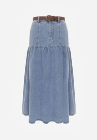 Born2be - Niebieska Bawełniana Spódnica Jeansowa z Rozkloszowanym Dołem i Plecionym Paskiem Doriame. Okazja: do pracy, na co dzień. Kolor: niebieski. Materiał: bawełna, jeans. Wzór: aplikacja. Styl: casual #5