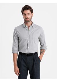 Ombre Clothing - Koszula męska SLIM FIT z ozdobnej tkaniny z kieszonką – szara V2 - Rozmiar: S. Okazja: do pracy. Typ kołnierza: kołnierzyk klasyczny. Kolor: szary. Materiał: tkanina. Wzór: haft, ze splotem. Styl: klasyczny, elegancki