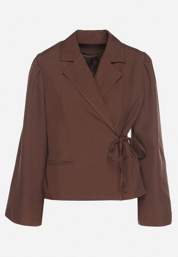 Born2be - Brązowa Marynarka z Szerokimi Rękawami i Asymetrycznym Wiązaniem Sanessia. Kolor: brązowy. Materiał: jeans. Styl: elegancki