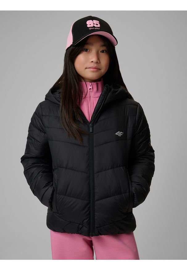 4f - 4F Kurtka z wypełnieniem syntetycznym dziewczęca - czarna 164 (13-14 lat). Okazja: na spacer, na co dzień, na uczelnię. Kolor: czarny. Materiał: syntetyk. Wzór: gładki. Sezon: lato. Styl: casual