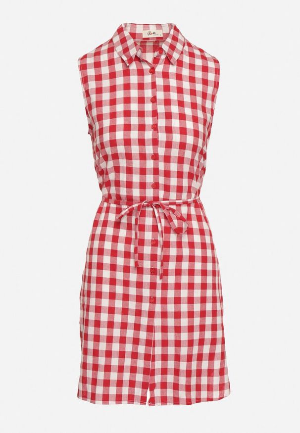 Born2be - Czerwono-Biała Sukienka Koszulowa z Wiskozy z Materiałowym Paskiem w Talii Rivasolin. Okazja: na spacer, na co dzień. Kolor: czerwony. Materiał: materiał, wiskoza. Sezon: lato. Typ sukienki: koszulowe. Styl: casual