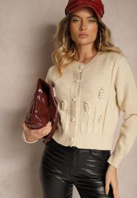 Renee - Beżowy Wiskozowy Kardigan z Guzikami Perełkami Brokatem Tłoczeniem i Kuleczkami Harirani. Kolor: beżowy. Materiał: wiskoza. Styl: klasyczny #4