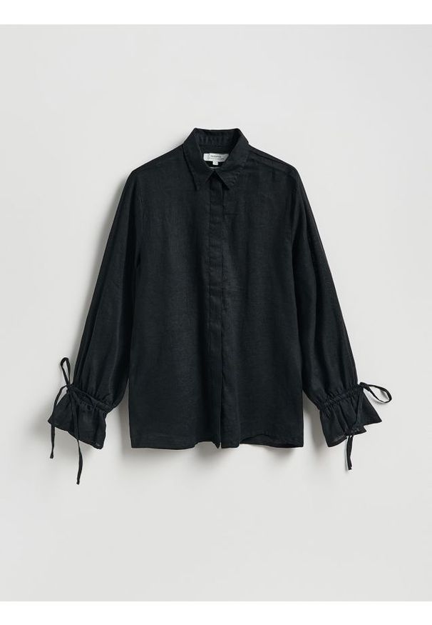 Reserved - Lniana koszula z wiązaniami - czarny. Kolor: czarny. Materiał: len