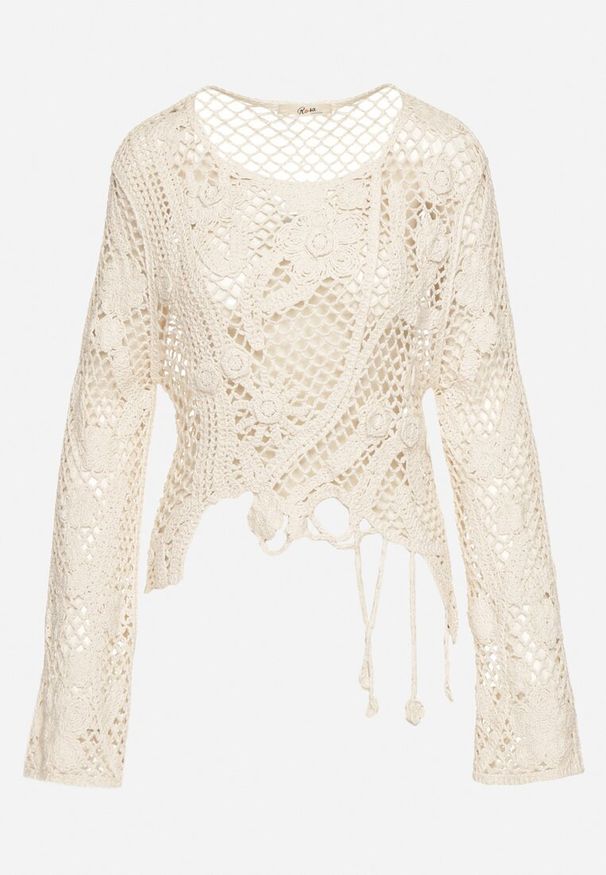 Born2be - Beżowa Ażurowa Bluzka z Bawełny Halerose. Okazja: na co dzień. Kolor: beżowy. Materiał: bawełna. Wzór: ażurowy. Styl: casual, klasyczny