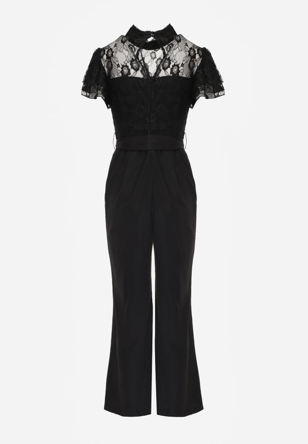 Born2be - Czarny Elegancki Kombinezon VICES z Koronkową Górą i Rozszerzanymi Nogawkami Talinoe. Okazja: na randkę, do pracy, na wesele, na spotkanie biznesowe, na ślub cywilny. Kolor: czarny. Materiał: koronka. Wzór: koronka. Sezon: lato. Styl: elegancki