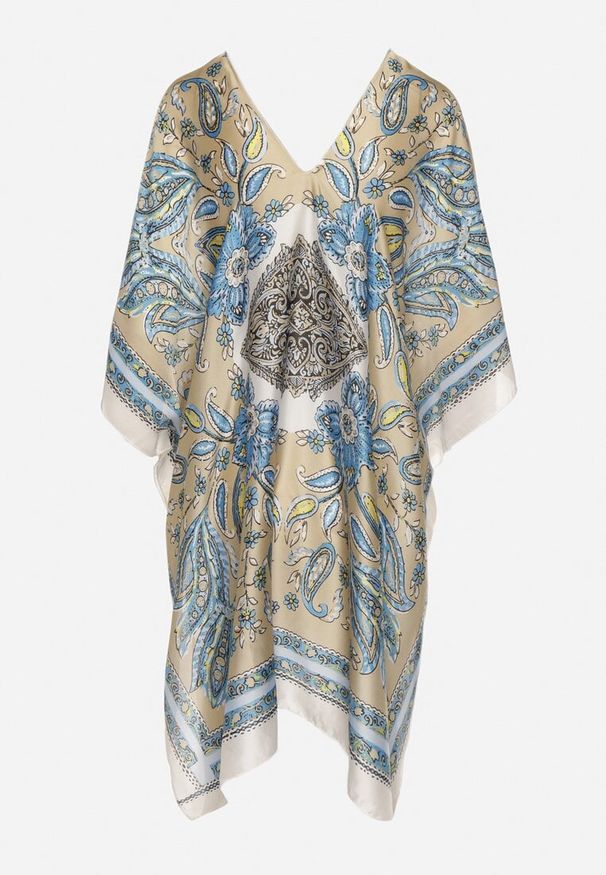 Born2be - Beżowe Lekkie Ponczo Narzutka z Jedwabiu i Wiskozy w Ornamentalny Wzór Azendia. Okazja: na spacer, na plażę, na co dzień. Typ kołnierza: dekolt w kształcie V. Kolor: beżowy. Materiał: jedwab, wiskoza. Wzór: aplikacja. Sezon: lato. Styl: casual, klasyczny