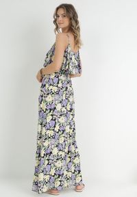 Born2be - Fioletowo-Żółta Sukienka Bawełniana w Kwiaty z Falbanką Janellie. Kolor: fioletowy. Materiał: bawełna. Długość rękawa: na ramiączkach. Wzór: kwiaty. Styl: wakacyjny. Długość: maxi #4