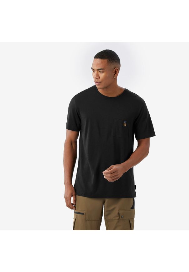 SIMOND - Koszulka trekkingowa męska z krótkim rękawem Merino czarna. Kolor: czarny. Materiał: wełna, materiał. Długość rękawa: krótki rękaw. Długość: krótkie. Sport: turystyka piesza