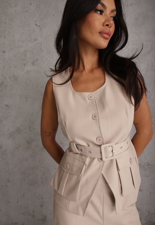 Renee - Beżowy Garniturowy Komplet z Bawełną Spodnie Wide Leg i Kamizelka Utility Aloane. Kolor: beżowy. Materiał: bawełna