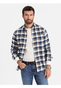 Ombre Clothing - Klasyczna flanelowa męska koszula bawełniana w kratę - brązowo-granatowa V1 - Rozmiar: S. Typ kołnierza: kołnierzyk klasyczny. Kolor: niebieski. Materiał: bawełna. Długość rękawa: długi rękaw. Długość: długie. Styl: klasyczny