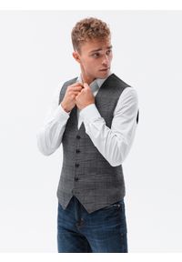Ombre Clothing - Kamizelka męska garniturowa - grafitowa V3. Kolor: szary. Materiał: elastan, poliester