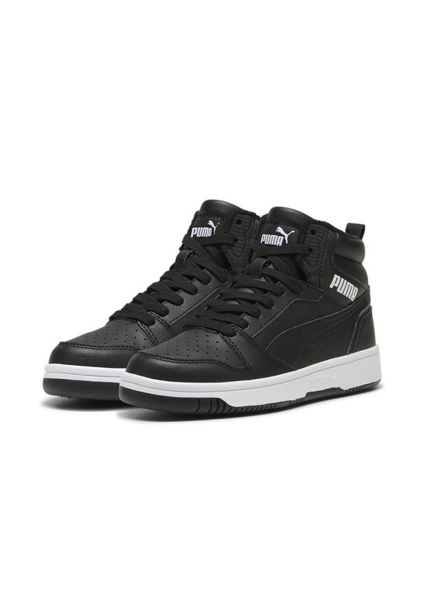 Buty do chodzenia dla dzieci Puma Rebound V6 Mid Wtr J. Zapięcie: sznurówki. Kolor: biały, wielokolorowy, czarny. Materiał: materiał, syntetyk, tkanina. Szerokość cholewki: normalna. Sport: turystyka piesza