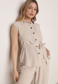 Born2be - Beżowy Wiskozowy Komplet Szerokie Spodnie i Koszula Bez Rękawów z Wiązaniem Zanran. Kolor: beżowy. Materiał: wiskoza #5