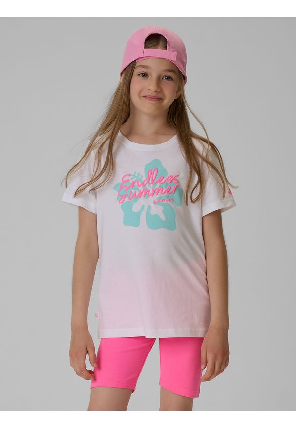 4f - 4F T-shirt regular z nadrukiem dziewczęcy - biały 164 (13-14 lat). Okazja: na co dzień. Kolor: biały. Materiał: bawełna, dzianina. Wzór: nadruk. Sezon: lato. Styl: casual