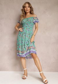 Renee - Miętowa Bawełniana Sukienka Hiszpanka z Gumką w Pasie i Wzorem Paisley Maggies. Typ kołnierza: dekolt hiszpanka. Kolor: miętowy. Materiał: bawełna. Wzór: paisley #4
