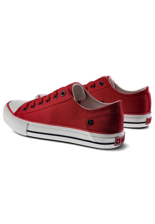 Big-Star - Czerwone Trampki Big Star Damskie Sznurowane Buty. Okazja: do pracy, na uczelnię. Kolor: czerwony. Materiał: materiał, jeans. Szerokość cholewki: normalna. Wzór: napisy. Styl: klasyczny
