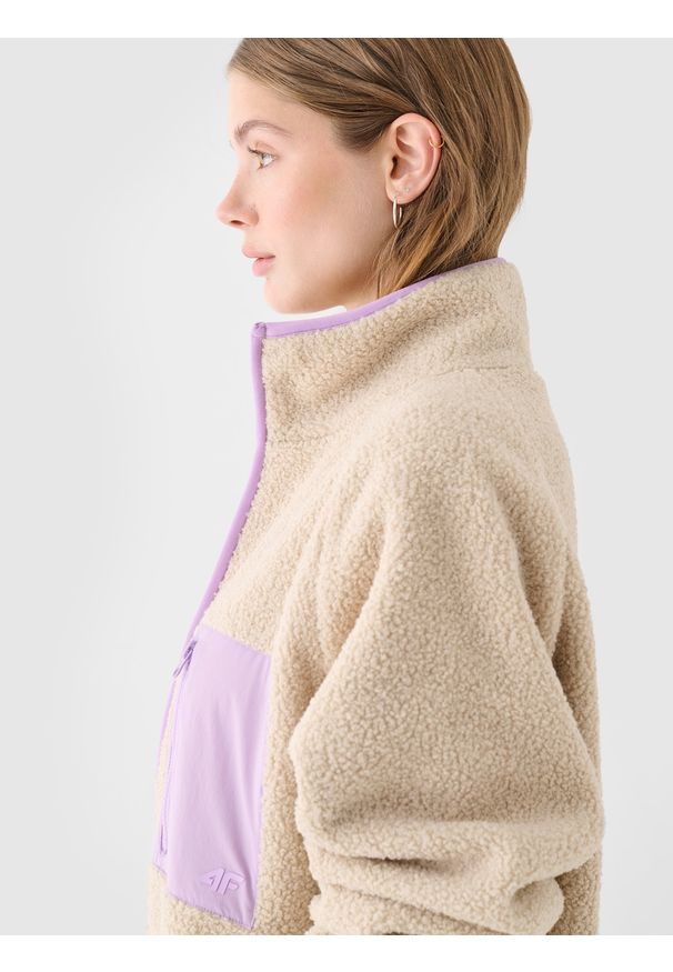 4f - 4F Polar sherpa ze stójką damski - beżowy M. Typ kołnierza: kołnierzyk stójkowy. Kolekcja: plus size. Kolor: beżowy. Materiał: polar. Długość rękawa: raglanowy rękaw. Sezon: zima. Sport: turystyka piesza, wspinaczka, narciarstwo, snowboard
